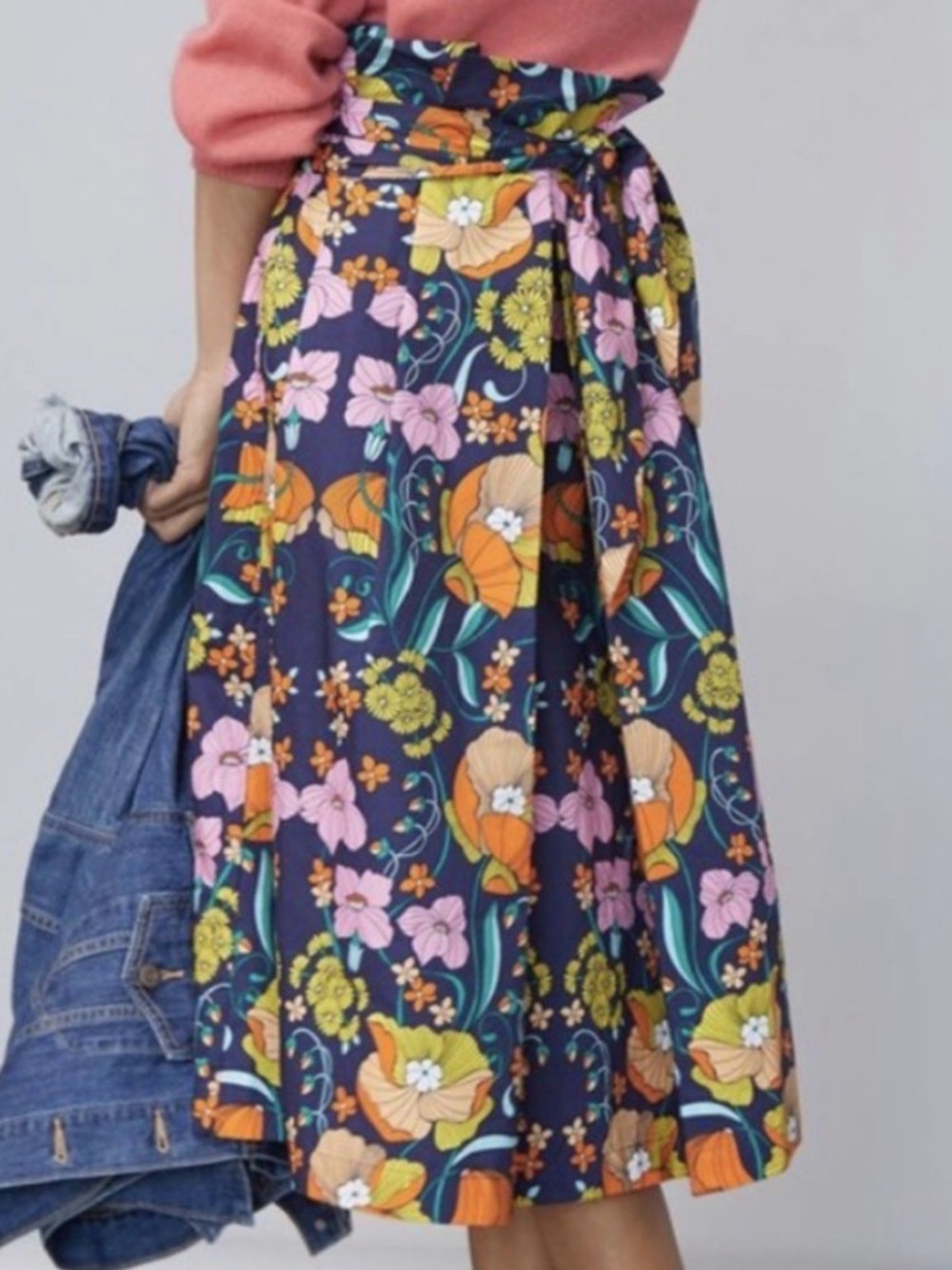 Corey Lynn Calter Navy Floral Tie-Waist Midi Skirt with Orange &Pink Blooms NWOT